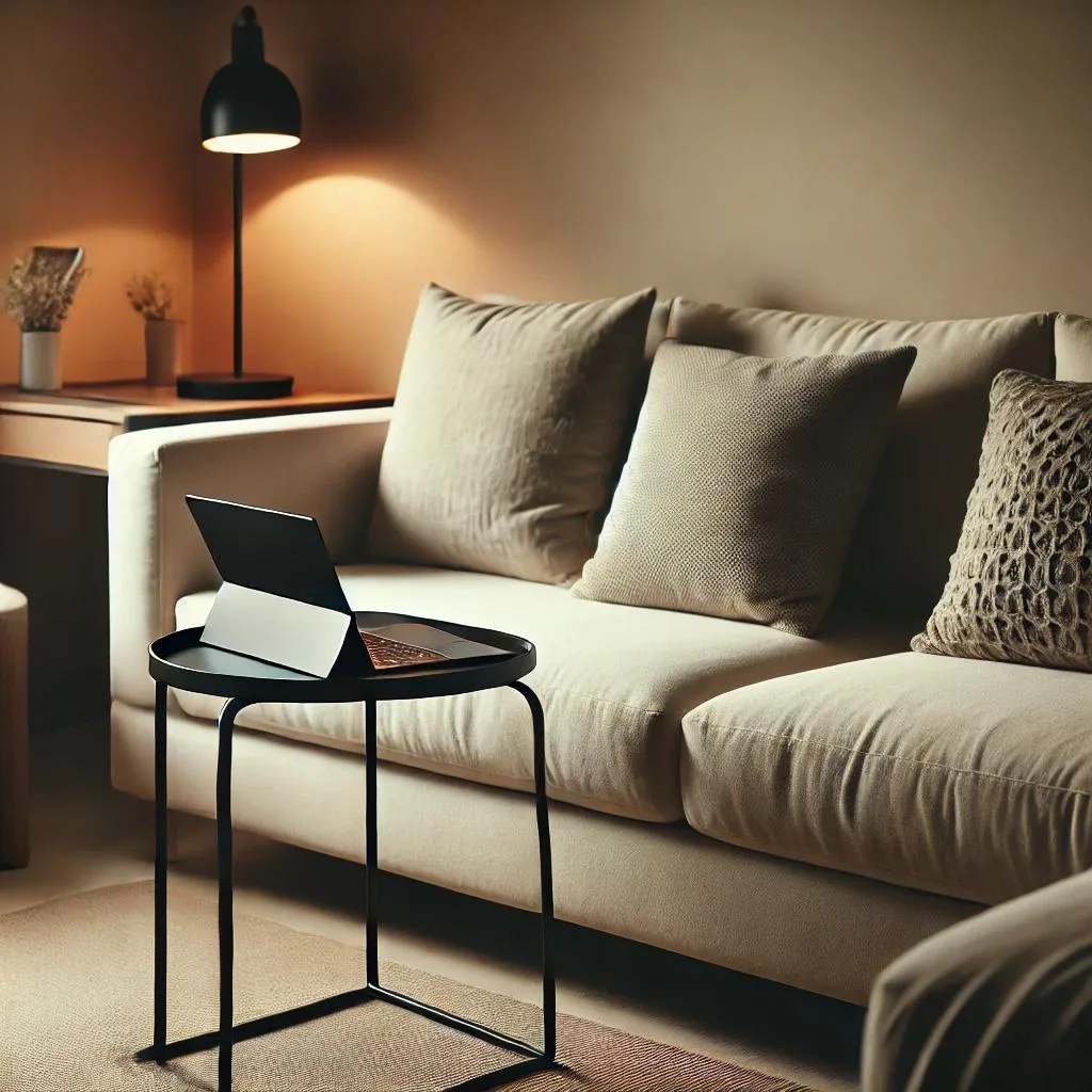 Here is a picture of a cozy living room with a sofa and a bistro table with a laptop on it.